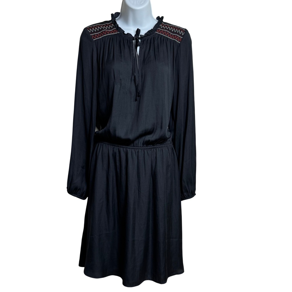 GAP‎ Black Embroidered Neckline Long Sleeve Smocked Waist Dress Size S boho